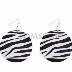 Womens Black White Round Wood Earrings